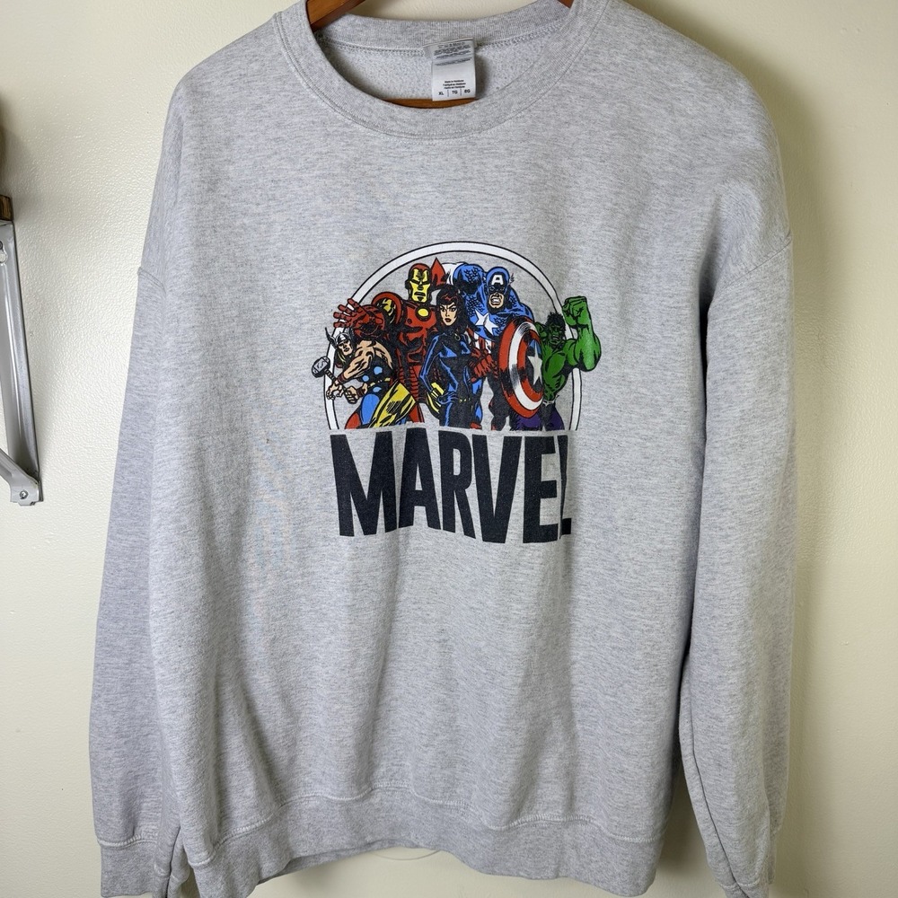 Men's Marvel Pullover Crew Hulk, Thor, Captain America, Size XL Gray Graphic